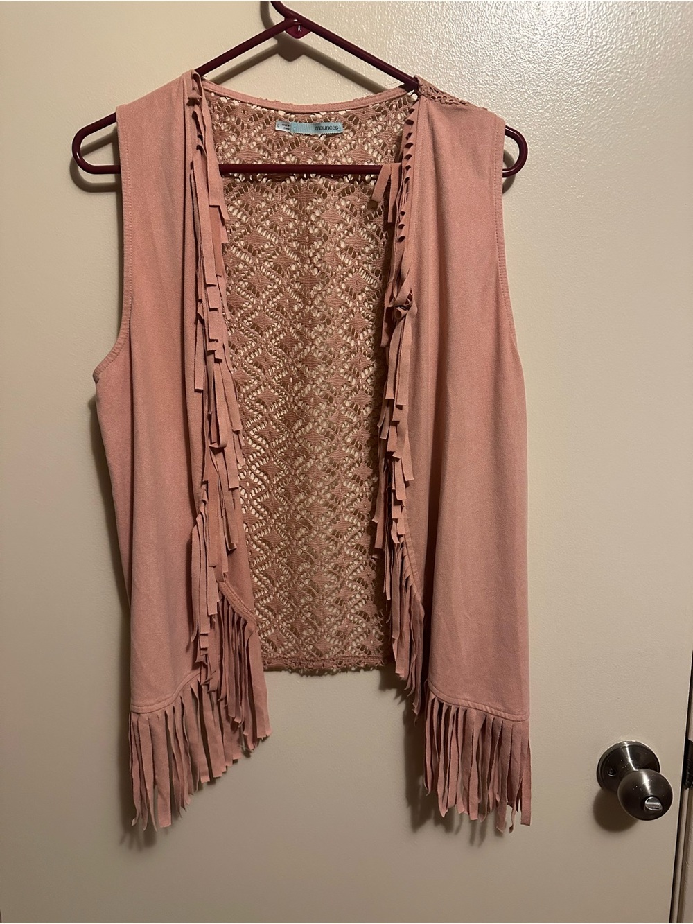Maurices Dusty Rose Fringe Crochet Sleeveless Vest